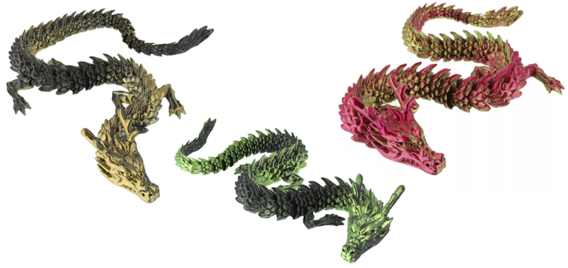 Dragons 3D printed with the Rosa3D PLA Magic Silk filament in Mistic Tiger, Mistic Green and Dragon Fruit